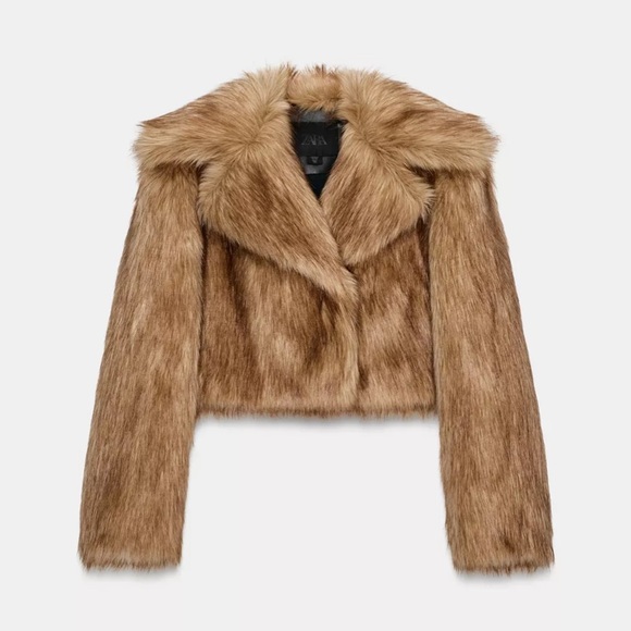 Zara Jackets & Blazers - ZW COLLECTION FAUX FUR CROPPED JACKET LARGE BROWN BEIGE COAT 3945/243 TAN